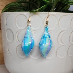 Iridescent Mermaid Blue Swirl Shell Drop Earrings